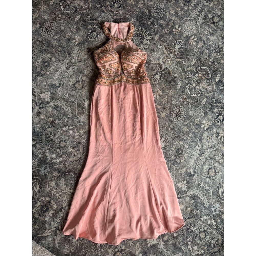 Bicici & Coty Beaded Halter Evening Dress in Blush Pink